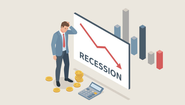 Worried businessman standing next to chart showing economic recession with falling red arrow and decreasing stacks of gold coins.
