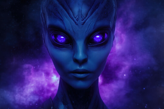 fantasy art, face of spiritual alien woman with glowing purple eyes and ridged forehead, photorealistic