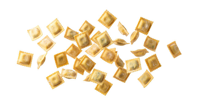 Falling ravioli pasta isolated on PNG transparent background