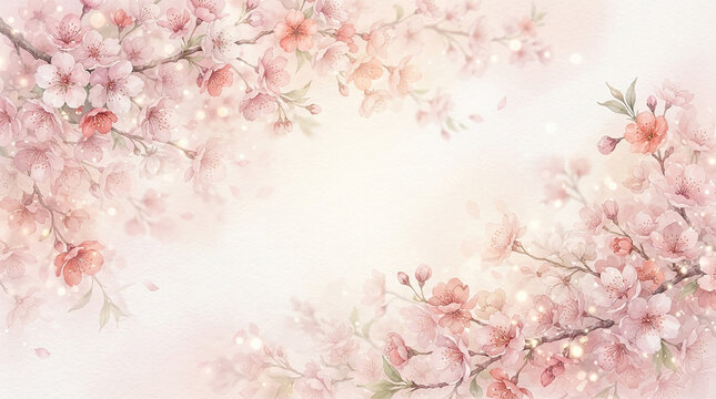 Beautiful Pink Cherry Blossom Floral Water Color Background Frame with Copy Space