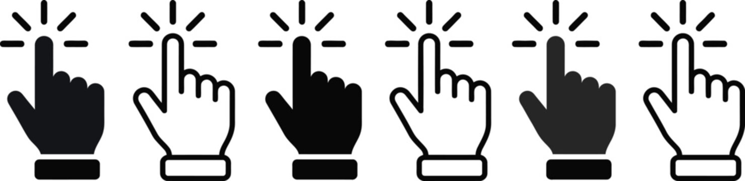 Hand cursor click icon set, pointing finger with sparkle rays in black and white, outline and solid styles, vector illustration
