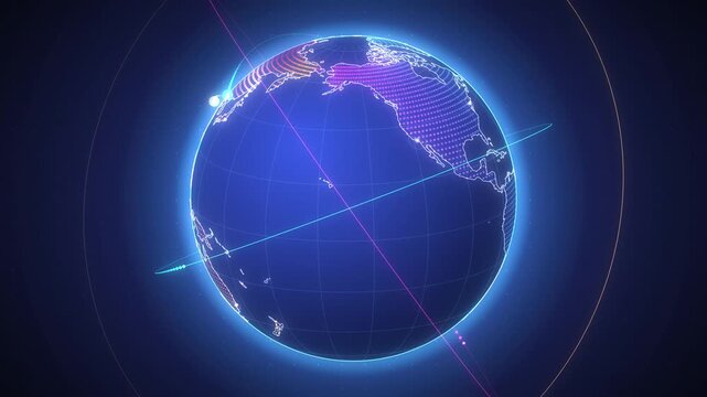 Glowing digital pixel globe rotating smoothly showing orbital network connection lines with moving bright data particles across global continents in dark space background.
