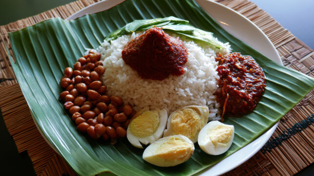 nasi lemak on banana leaf with sambal in geometric layout