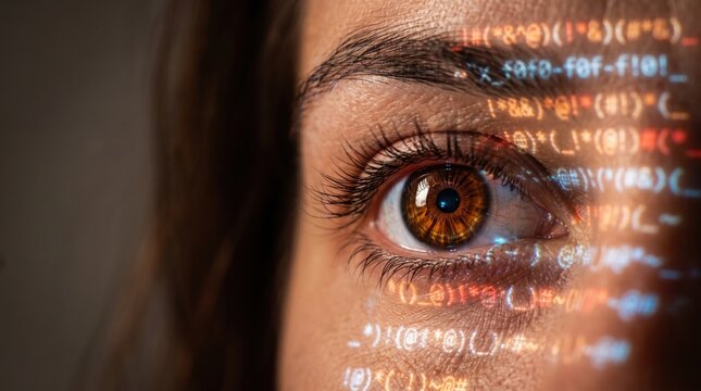 System administrator eye macro with glowing lines of code reflected across face, cybersecurity concept