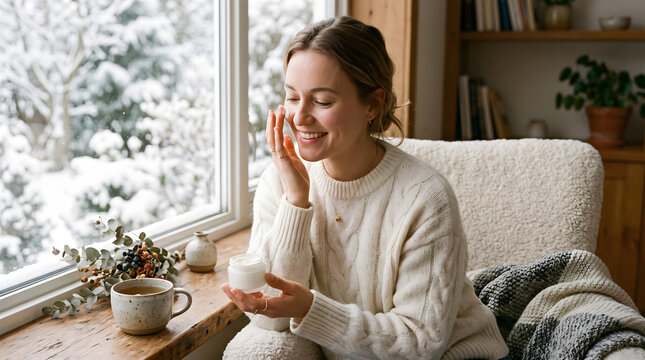 Happy young woman in warm knit sweater holding jar of cosmetic cream and applying facial moisturizer to cheek sitting by window overlooking snowy winter landscape in cozy modern living room