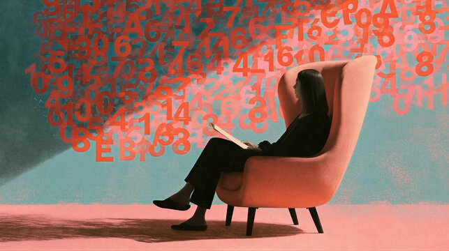 A woman sits in a coral-colored armchair, seemingly lost in thought amidst a cascade of numbers.