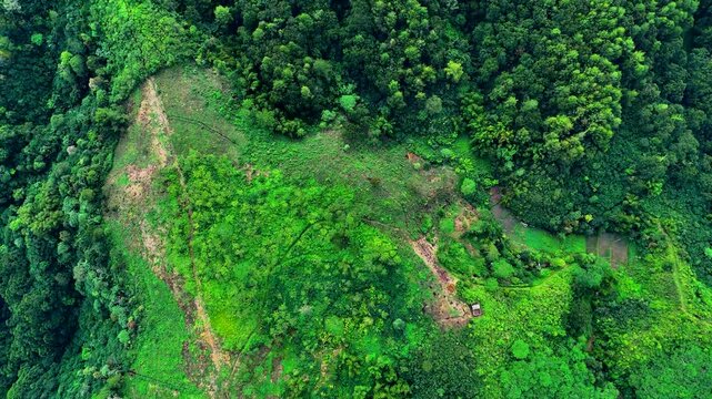 Aerial view of Bukit Sabak Sukabumi with lush green hills and dense vegetation in Sukalarang, West Java, Indonesia.