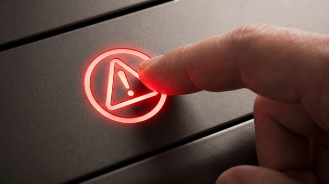 Finger pressing a glowing red alert button for emergency system