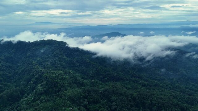 Aerial view of the lush forested slopes of Bukit Sabak Sukabumi shrouded in low-hanging clouds under a dramatic overcast sky in Sukalarang, West Java, Indonesia.