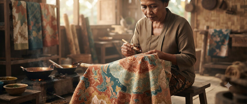 Indonesian Master Artisan Crafting Traditional Hand Drawn Wax Batik Textile Pattern