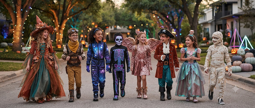 Diverse Group of Happy Children Walking in Costumes during Halloween Trick or Treat