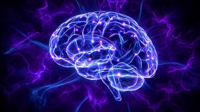 Glowing Brain with Blue and Purple Neural Signals