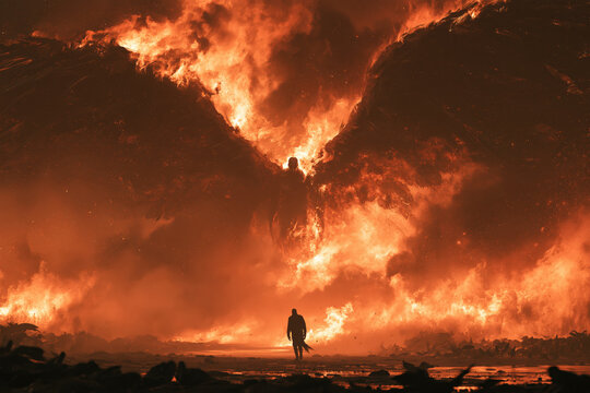 fantasy fire, colossal dark wings spreading over lone person and sea of flames, photorealistic