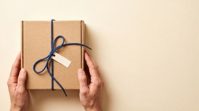 Cardboard parcel with blue string held by hands on beige background