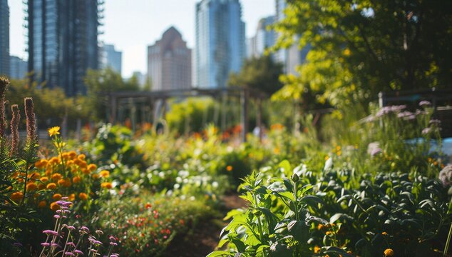 Sunlit community garden with colorful flower and leafy plant foreground against city tower, symbolizing urban greening, local food, and shared space.