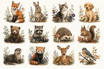 Fototapeta premium Cute woodland animals watercolor illustration set