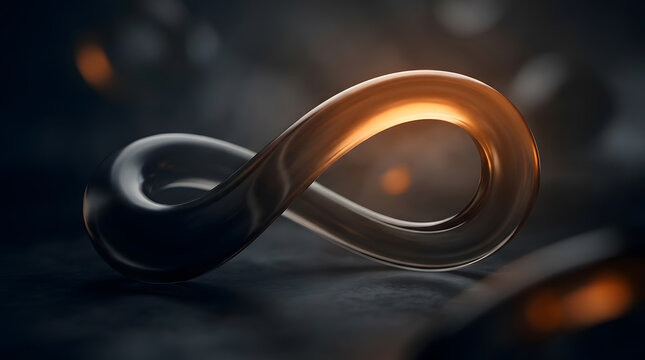 Glowing infinity symbol on dark surface. Endless loop and eternity concept. Luminous glass mobius strip resting on black stone with soft bokeh