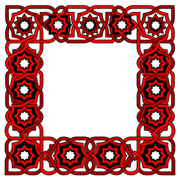 Geometric Islamic Ornament Square Frame with Red Interlace Border