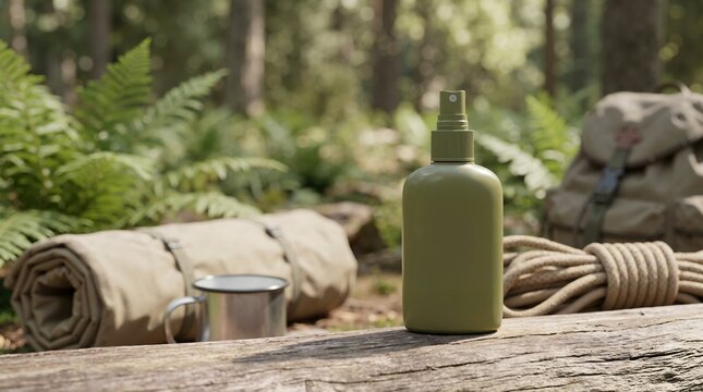 Olive green spray bottle on a wooden log in the forest. Blank insect repellent bottle with camping gear, sleeping mat, rope, and backpack