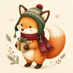 Fototapeta premium Cute fox in winter hat holding gift, festive holiday illustration