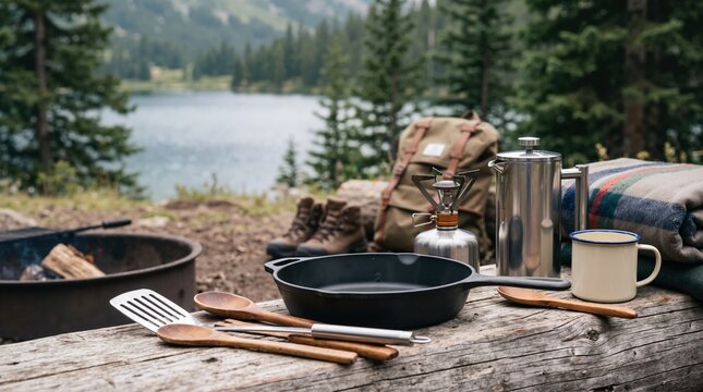 Camping cookware and coffee press on a wooden log at an outdoor lakeside campsite. Cast iron skillet and hiking gear