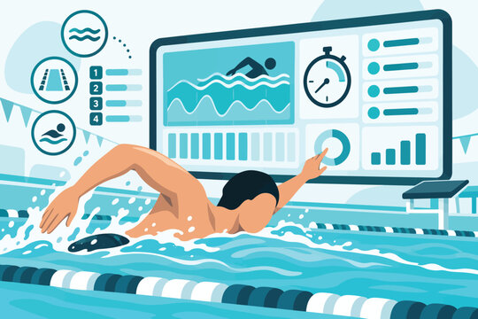 Swimmer Analyzes Performance Data on Large Screen.