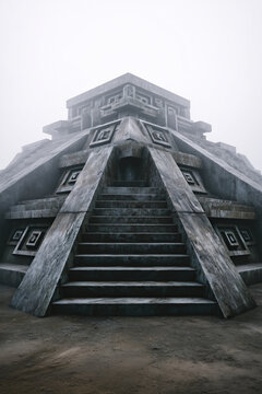 fantasy landscape with ancient aztec pyramid viewed upward from wide stone stairway beneath pale sky, photorealistic