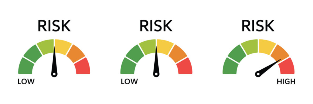 Risk meter icon set featuring low, medium, and high risk levels with speedometer gauges, minimum to maximum indicators, dashboard displays, assessment scales, and monitoring concepts.