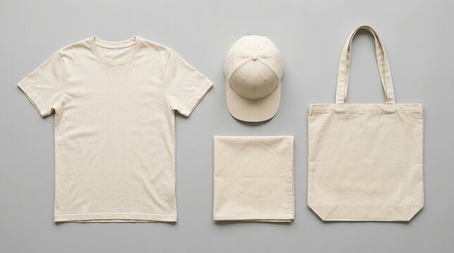 Blank beige t shirt cap and tote bag mockup for apparel branding and