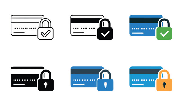 Safe digital payments icon featuring a credit card with padlock and checkmark, representing online payment security, e-commerce protection, secure transactions, and digital finance.