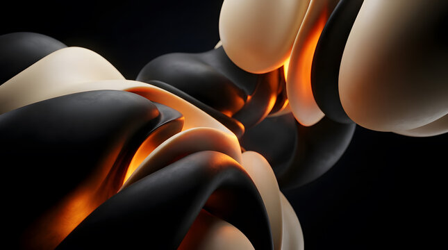 Intertwined organic biomorphic forms with warm inner glow. Contemporary modern sculpture concept. Matte black and beige curved shapes twisting in dark space