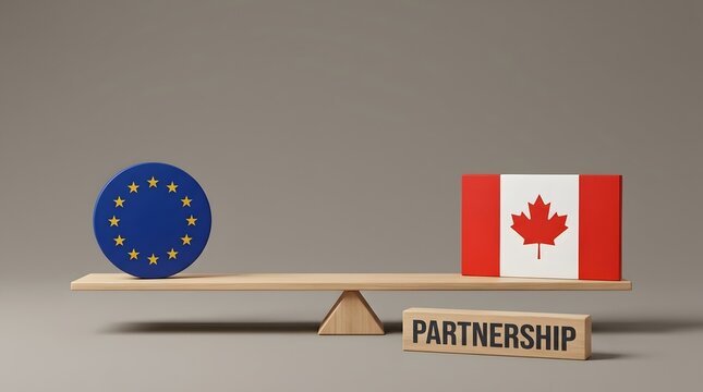 Wooden balance scale showing a circle with stars and a leaf flag in equilibrium with a partnership block representing international trade and diplomacy