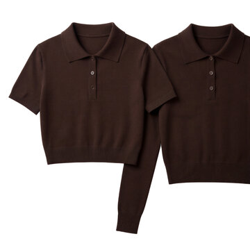 Chocolate cotton cropped knit polo shirt with short placket flat collar and rib hem isolated on a transparent background for retail fashion store merchandising display