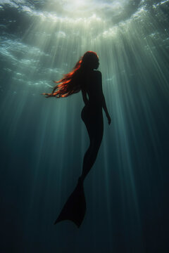 fantasy mermaid silhouette with long waving red hair and fish tail, beautiful merfolk, sunlight through water surface, dark water background, photorealistic