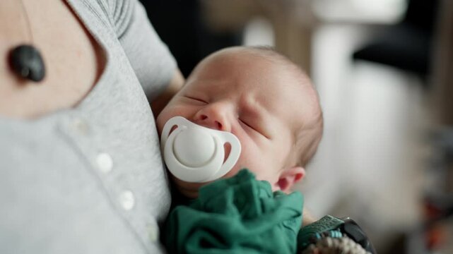 Mom Gently Rocking Newborn Baby In Arms