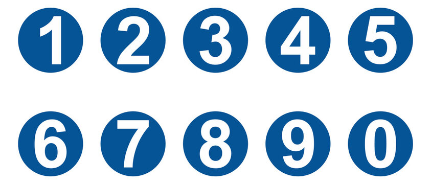 Blue numbered circle icon set featuring white numbers from 0 to 9, numeric symbols for counting, numbering, education, and interface design, vector illustration isolated on white background