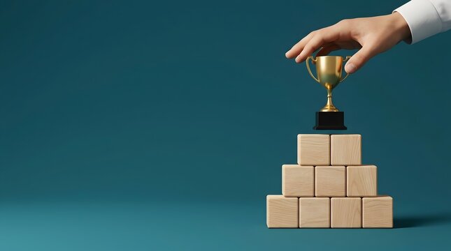 Hand placing a golden trophy on top of a wooden block pyramid representing business success and achievement