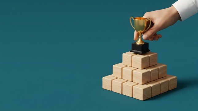 Hand placing a golden trophy on a wooden block pyramid representing business foundation and ultimate success achievement