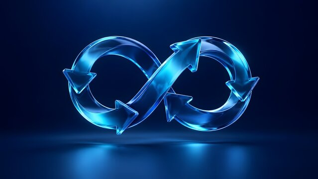 Reflective blue infinity arrow loop concept illustrating continuous improvement and circular economy processes