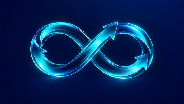 Glowing blue glass infinity symbol with directional arrows representing continuous business process and endless loop concepts