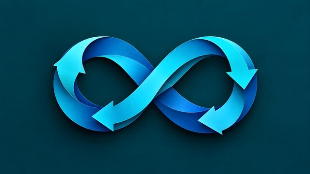 Minimalist blue infinity arrow ribbon on dark background symbolizing continuous workflow and sustainable cycles