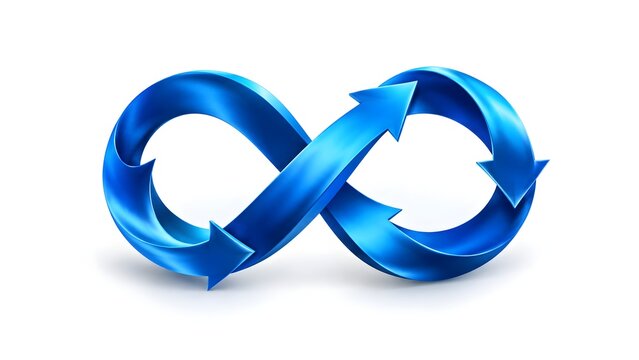 Metallic blue infinity arrow symbol isolated on white background representing continuous corporate processes and synergy
