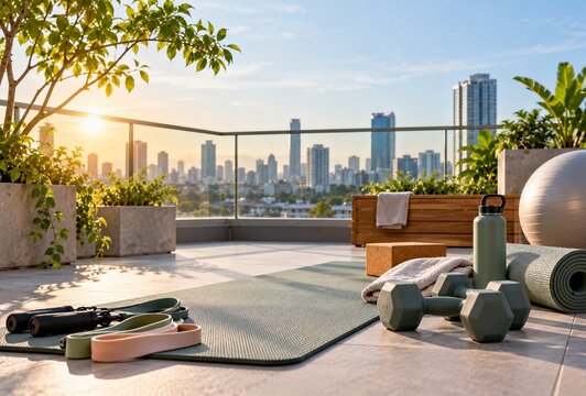 Outdoor Fitness Setup with Yoga Mat, Dumbbells and Resistance Bands on Rooftop Terrace