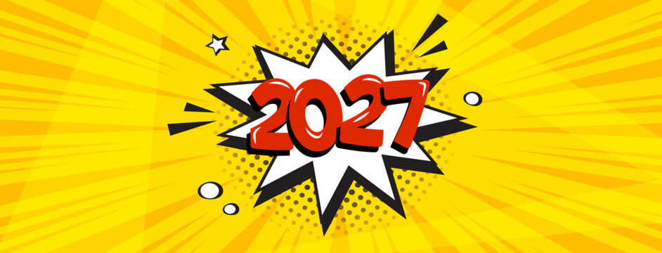 Comic 2027 New Year background, cartoon speech bubble in pop art style, retro Christmas poster, funny balloon on yellow bg. Winter celebration text box. Red, white colors. Holiday vector illustration