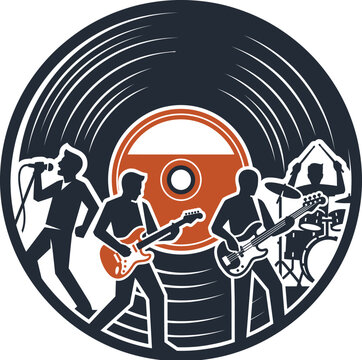 Rock band performing live on stage in front of a classic vinyl record icon. Music band silhouette with vinyl record logo design
