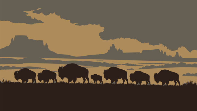 Flat vector illustration of a bison herd silhouette walking across a prairie landscape with mesas, plains, and clouds in warm earthy tones.
