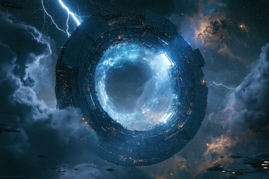 fantasy portal, dark circular mechanical ring with bright blue inner light and distant lightning, photorealistic