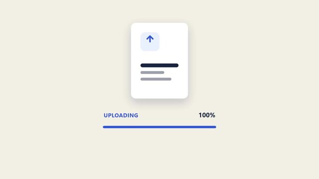 Premium 2D flat vector UI/UX animation showing a digital upload progressing from start to successful completion.