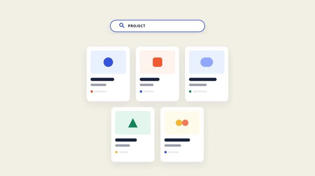 Premium flat vector UX animation showing a search query being entered and relevant digital results dynamically appearing into an organized layout.