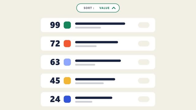 Premium flat vector UX animation showing a collection of digital cards being sorted and physically rearranged into an ordered structure.
